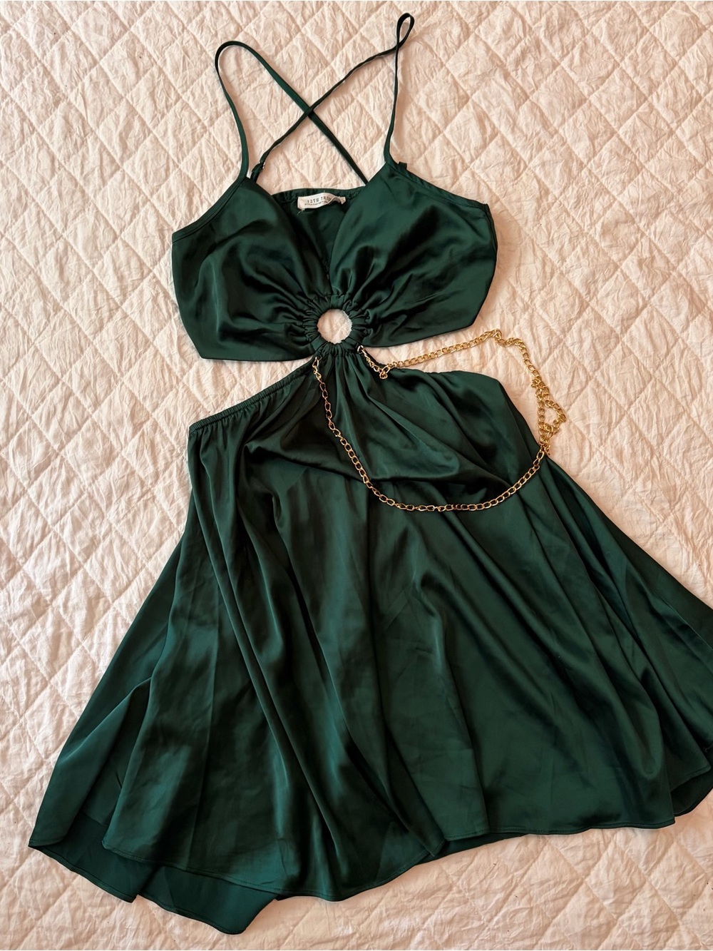 12th Tribe Dark Green Satin Cutout Dress with Gold Chain